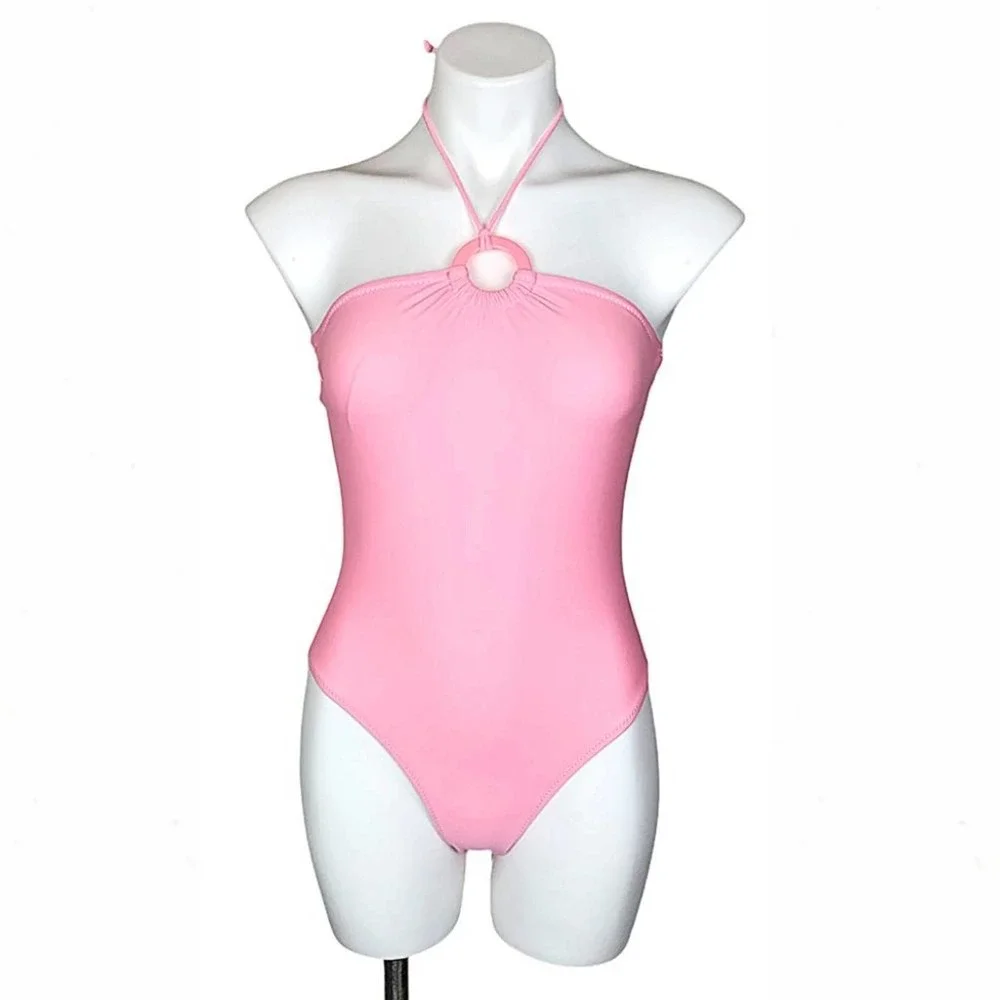 Pastel High-Leg O-Ring Halter One-Piece Swimsuit in Ballet Pink - Picture 3 of 10